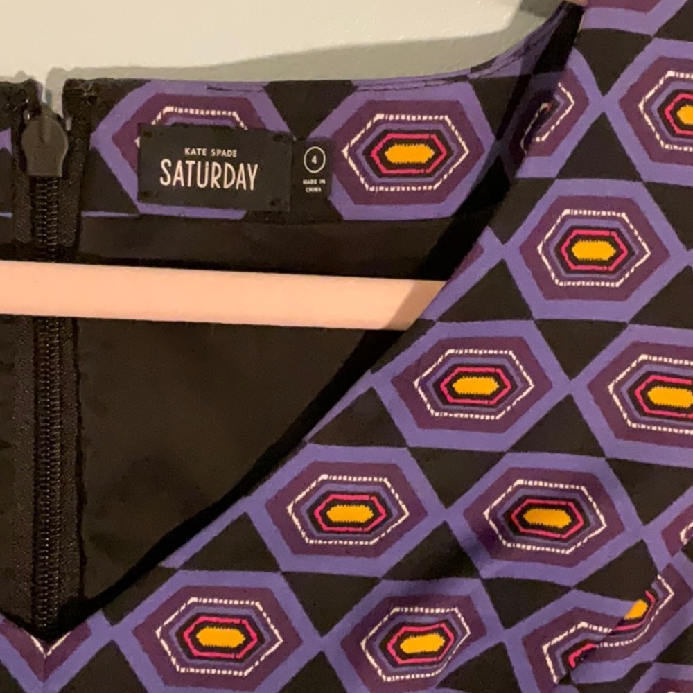 Kate Spade Saturday Mini Dress, Black w/ purple/yellow geometric pattern, Size 4 - Picture 3 of 4